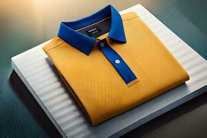 a yellow and blue polo shirt on a white box. AI-Generated photo