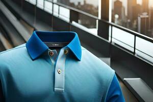 a blue and white polo shirt with a city view. AI-Generated photo