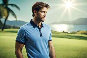 a man in a blue polo shirt standing on a golf course. AI-Generated photo