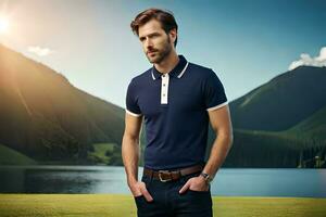 a man in a blue polo shirt standing in front of a lake. AI-Generated photo