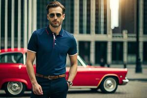 a man in a blue polo shirt and sunglasses standing next to a classic car. AI-Generated photo