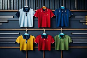 polo shirts are displayed on a rack in a room. AI-Generated photo