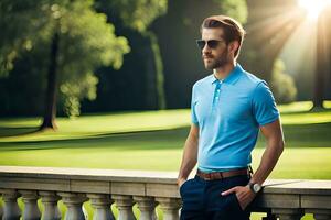 un hombre en Gafas de sol y un azul polo camisa. generado por ai foto