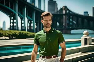 a man in a green polo shirt standing in front of a bridge. AI-Generated photo