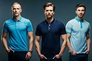 three men in blue, white and black polo shirts. AI-Generated photo