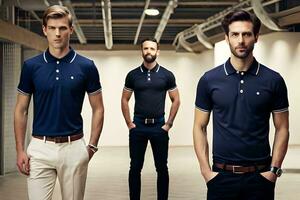 three men in navy polo shirts standing in an empty room. AI-Generated photo