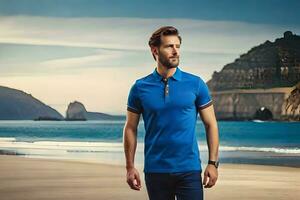 a man in a blue polo shirt standing on the beach. AI-Generated photo