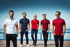 five men in red, blue and black polo shirts. AI-Generated photo