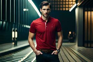 a man in a red polo shirt standing in a dark tunnel. AI-Generated photo