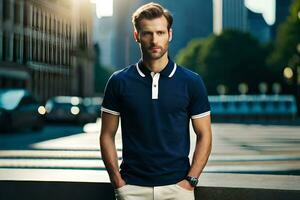 a man in a blue polo shirt and white pants. AI-Generated photo