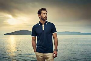 a man in a blue polo shirt standing on the beach. AI-Generated photo