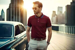 a man in a maroon polo shirt and khaki pants is standing next to a car. AI-Generated photo