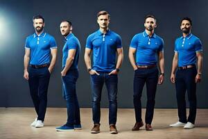 cinco hombres en azul polo camisas en pie en un fila. generado por ai foto