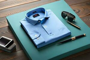 a blue shirt, sunglasses, and a pen on a wooden table. AI-Generated photo