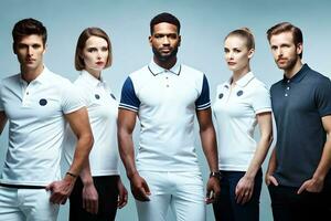 a group of men and women wearing white polo shirts. AI-Generated photo