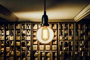 a light bulb is hanging from a wall in a room. AI-Generated photo