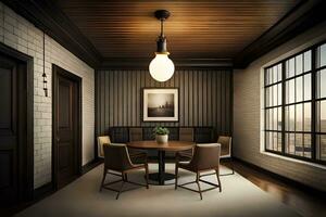 un comida habitación con un mesa y sillas. generado por ai foto