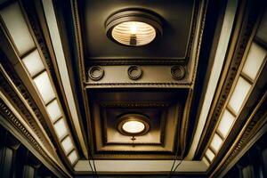 the ceiling of a building with lights and a light fixture. AI-Generated photo