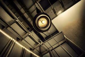 a light fixture hanging from the ceiling in a building. AI-Generated photo