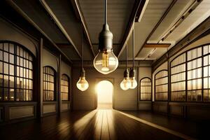 an empty room with several light bulbs hanging from the ceiling. AI-Generated photo