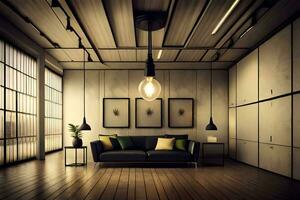 a modern living room with a couch and lamp. AI-Generated photo