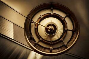 a close up of a clock in a building. AI-Generated photo