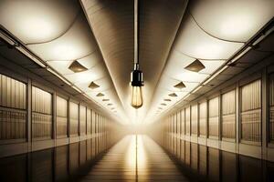 a long hallway with light bulbs and a light bulb. AI-Generated photo