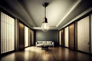 a room with a couch and a light bulb. AI-Generated photo