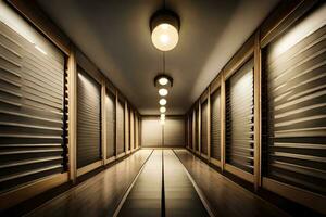 a long hallway with wooden doors and lights. AI-Generated photo