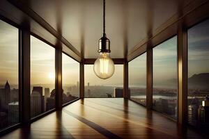 a room with a light bulb hanging from the ceiling. AI-Generated photo