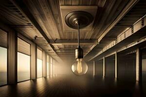 an empty room with a light bulb hanging from the ceiling. AI-Generated photo