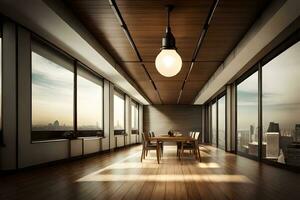 un largo mesa y sillas en un habitación con un ver de el ciudad. generado por ai foto