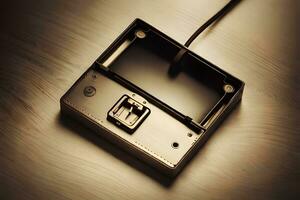 a close up of a metal box with a cord. AI-Generated photo