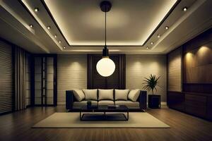 a modern living room with a large lamp. AI-Generated photo