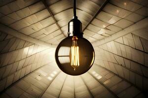 a light bulb is hanging from the ceiling in a room. AI-Generated photo