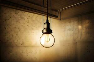 an old light bulb hanging from a ceiling. AI-Generated photo
