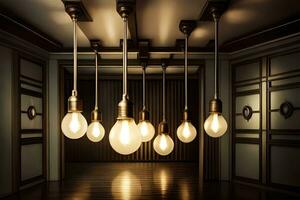 a room with several light bulbs hanging from the ceiling. AI-Generated photo