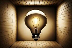 a light bulb in a room with wooden walls. AI-Generated photo