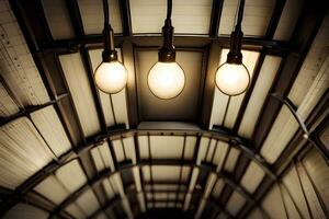 three light bulbs hanging from the ceiling of a building. AI-Generated photo