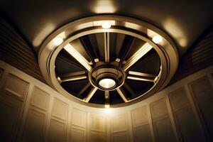 a ceiling light in a room with a light shining on it. AI-Generated photo