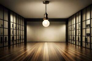 an empty room with a light bulb hanging from the ceiling. AI-Generated photo