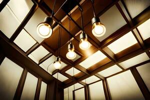 three light bulbs hang from the ceiling in a room. AI-Generated photo