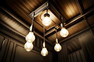 a group of light bulbs hanging from the ceiling. AI-Generated photo