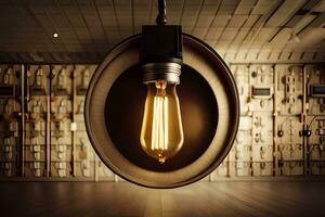 a light bulb is hanging from a ceiling in a room. AI-Generated photo