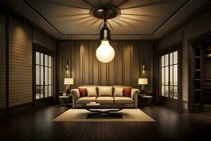 a living room with a couch and lamp. AI-Generated photo