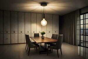 un comida habitación con un mesa y sillas. generado por ai foto