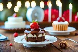 a dessert with chocolate and strawberries on a table. AI-Generated photo