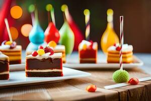 several cakes are on white plates with colorful candy sticks. AI-Generated photo