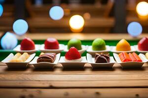 a tray of different colored fruit on a wooden table. AI-Generated photo