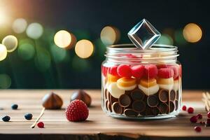 a jar filled with chocolate, fruit and marshmallows. AI-Generated photo